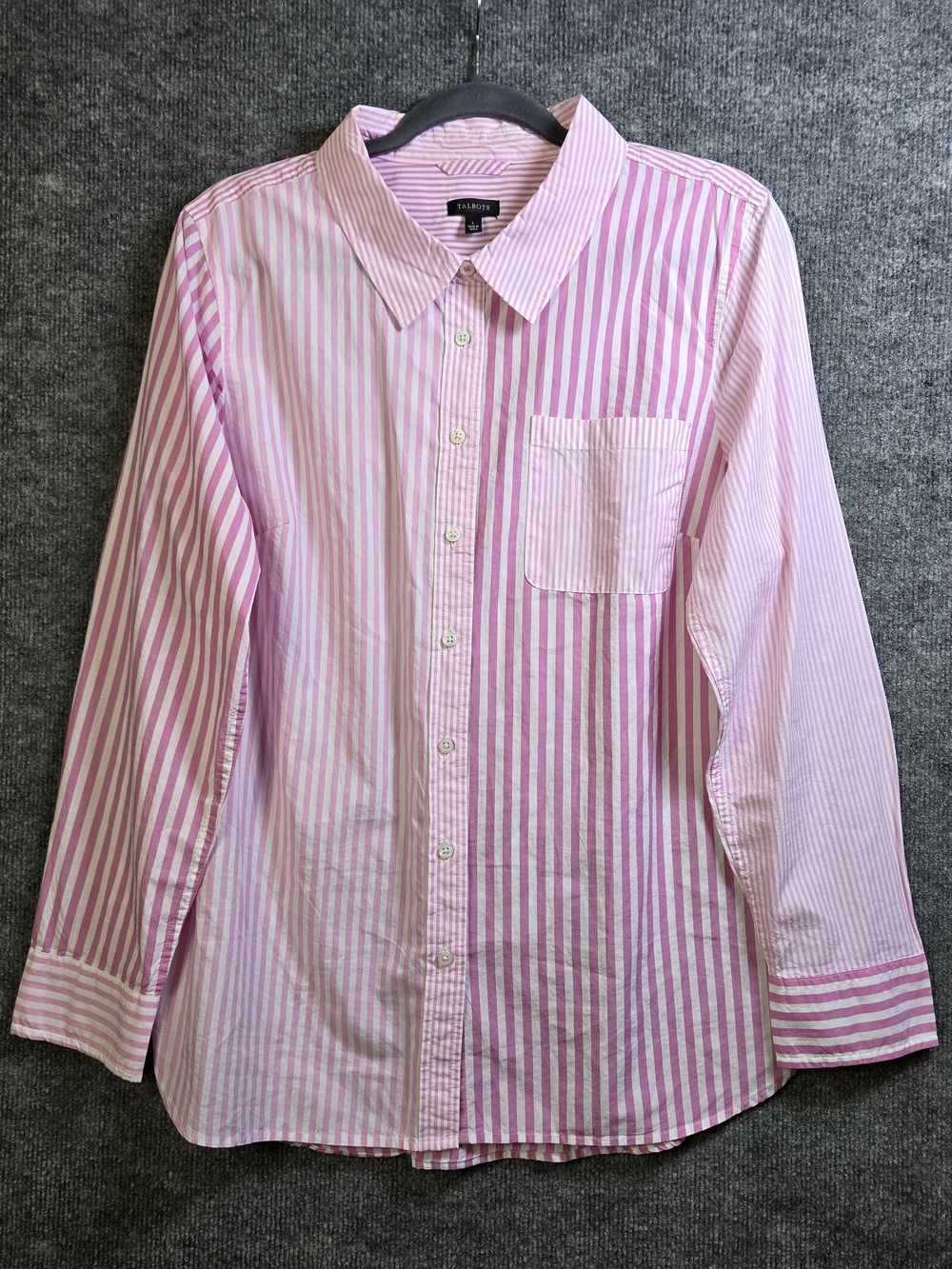 Talbots Top Womens L Pink White Mixed Print Candy Stripe Button Up Beach Playful